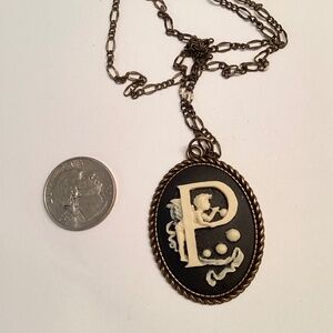 Beautiful! Ornate resin FAIRY CAMEO Initial “P” pendant, bronze bezel, 18” chain